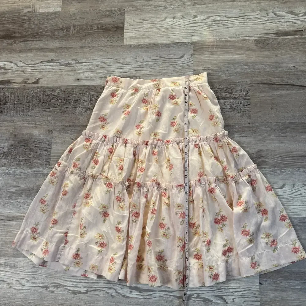 Vintage 90s Pink Floral Tiered Prairie Midi Skirt Cottagecore Coquette Boho S